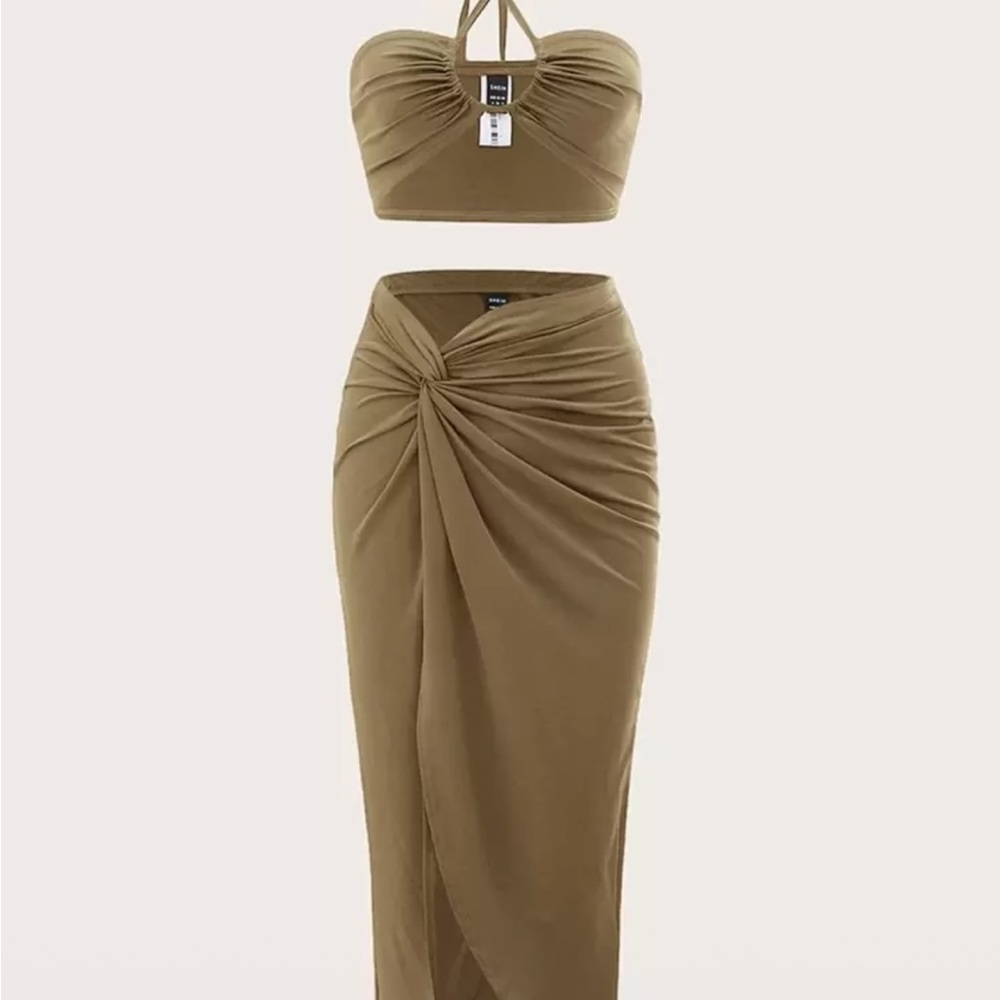 SHEIN Tan Maxi Wrap Skirt Set with Ruched Tie Front